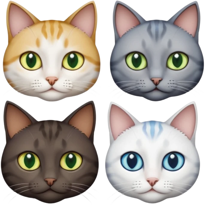4 different coloured short haired cats including; a dark brown tabby and white cat, and a dark grey and white  emoji