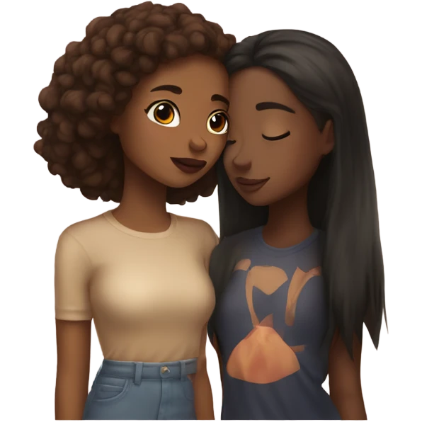 one light skin girl and a brown skin girl kissing emoji