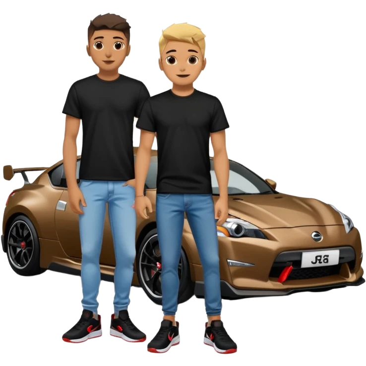 Grunge-style analog photo, London 2025, person inspired by the new reference image in model pose in front of a Nissan GT 86, black t-shirt, jeans, Nike Air Jordan low, using flash, analog grain, city night, 1/8. emoji
