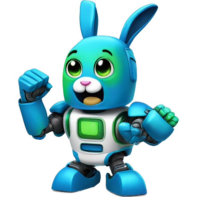 a blue and green robot rabbit has a fist in the air emoji