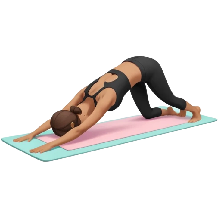 	A woman doing downward dog pose on a yoga mat, black outfit, serene background with soft pastel colors and stars. emoji