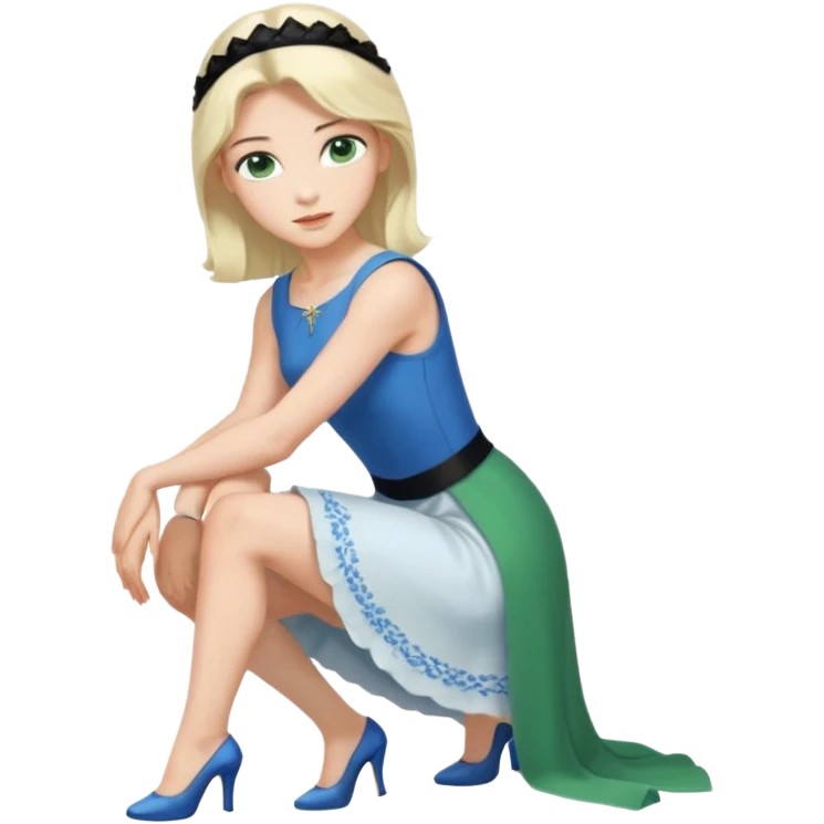 prince, upright, black Hair, blue eyes, garment,  Woman, bending knee, sleveless white dress, blonde hair, green eyes, emoji