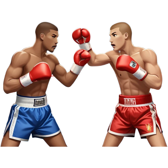  a high-stakes boxing match for the world championship title. Two professional boxers, wearing gloves and championship belts, exchange powerful punches in the center of the ring. The background features a packed arena with bright lights, a roaring crowd, and the championship banner hanging above.  emoji