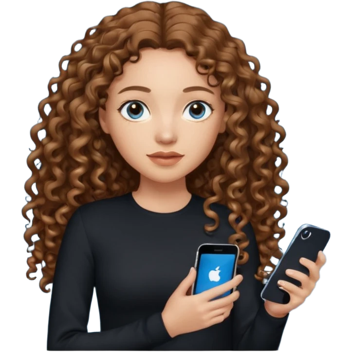 generate a pretty woman with blue eyes, light skin and medium brown long curly shiny hair holding an iphone she is looking at the phone and holding it in her hand. she is wearing an ALL black long sleeve emoji