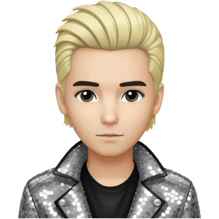  Bill Kaulitz from Tokio Hotel with blonde hair, silver sequin jacket, black shirt emoji