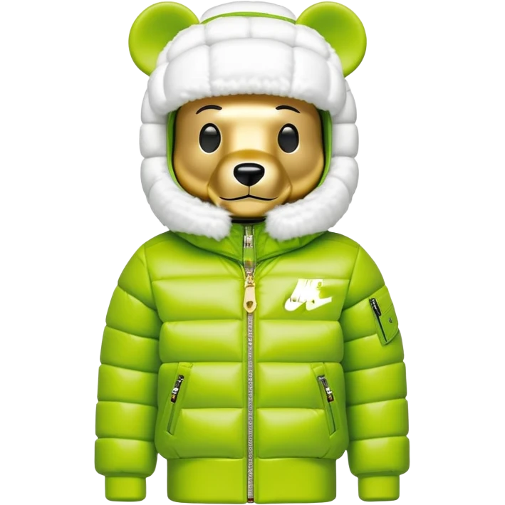 classic geometrical bearbrick with cubic body structure, lime balaclava with built-in single visor lens, Nike logo puffer jacket with luxurious white fur collar and cuffs, designer streetwear, gold chains emoji