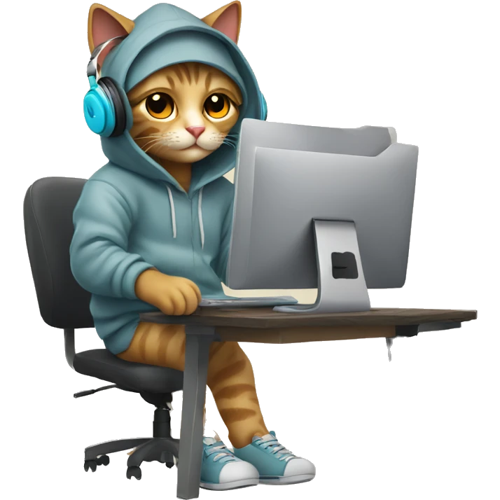 cat is a graphic designer in a hoodie and headphones, working at a computer in photoshop emoji