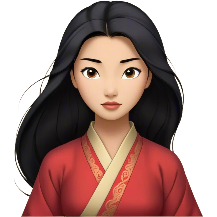 Cinematic Realistic Mulan Portrait, depicted with lifelike skin texture, soft natural lighting, and intricately detailed long black hair styled elegantly. Her deep, expressive eyes exude determination and grace, complemented by a serene yet confident expression. She is dressed in her classic attire, with rich fabric textures and delicate folds that catch the light beautifully. The portrait features a soft, enchanting glow with a natural, radiant finish, capturing the essence of timeless strength and beauty in a realistic and painterly style, evoking a sense of depth and authenticity. emoji