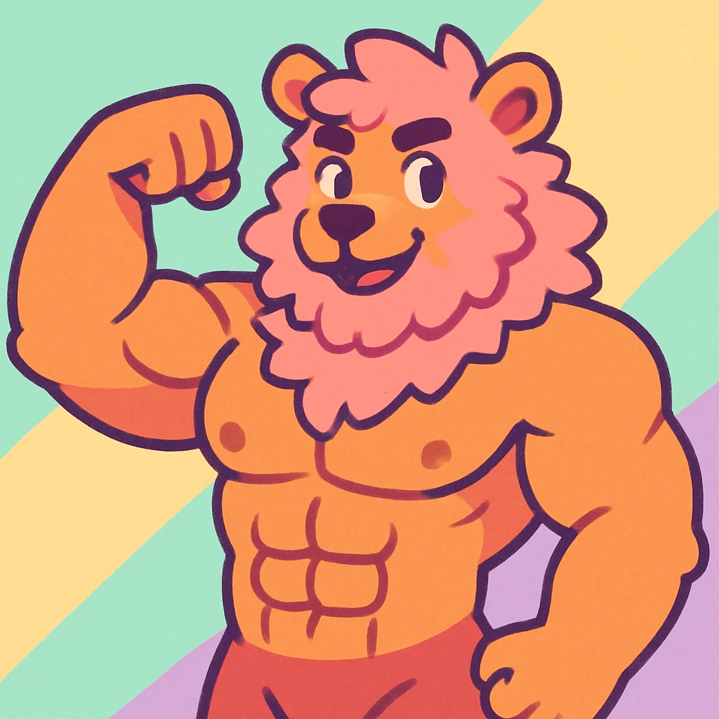 cute and muscular furry bara, flexing, fluffy fur, pastel background emoji