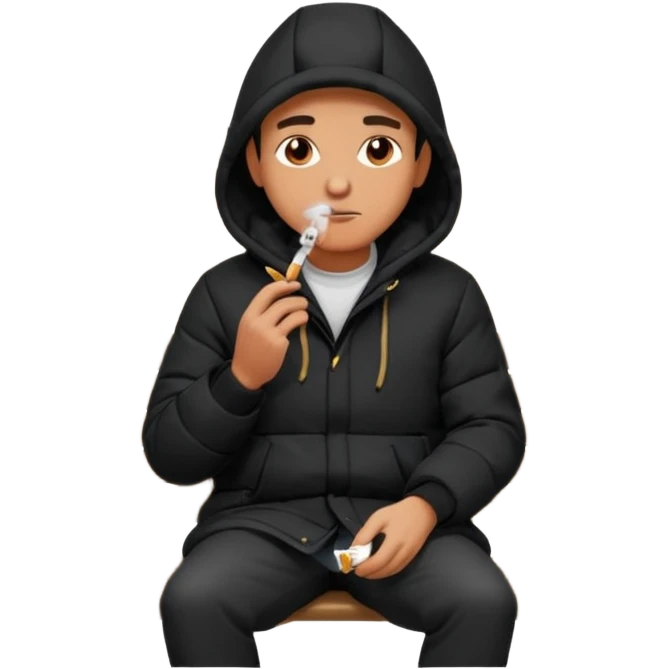 A man sitting on a chair, wearing a black puffed coat with hood, hands in his pocket, smoking a cigaret, he is on a chair, the chair is an outside coffe terrasse chair emoji