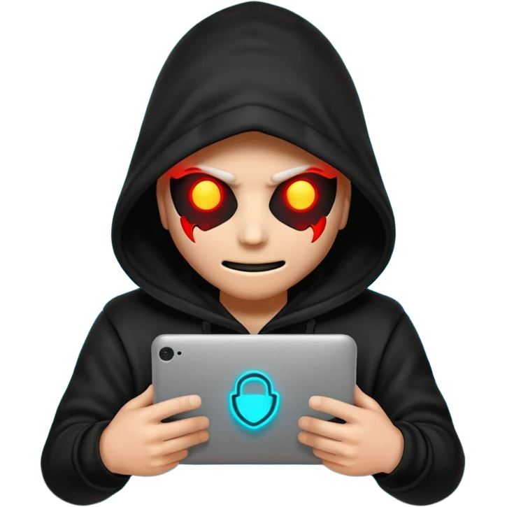 Black-hooded neon hacker emoji, red and cyan glow only, slamming glowing text “FTHESCAMMERS” with impact flash, aggressive anti-scam vibe, smooth 2-second loop, transparent background, Discord sticker style, no new colors. emoji