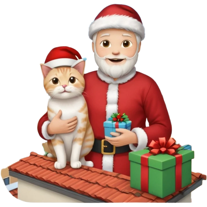 man houd kat vast en staat op dak met cadau`s emoji