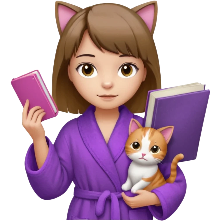 Девушка с короткими волосами до плеч русого цвета, посередине головы есть чёлка, с черными бровями, карие глаза, у неё фиолетовый халат, стоит в полный рост, в руках она держит розовую книгу, а возле ноги сидит кот  emoji