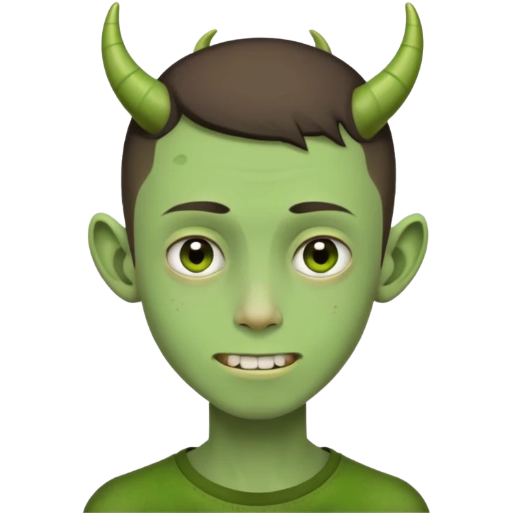 Make a brunette teenage guy with a buzz cut, VERY skinny, with a wart on its cheek, missing teeth, that looks homeless, with horns, and green skin. remember, make him VERY SKINNY emoji