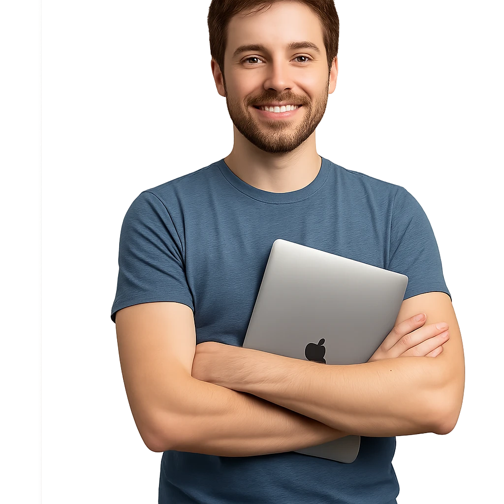 brown-haired web developer, arms crossed, MacBook under arm, friendly look, casual, professional emoji