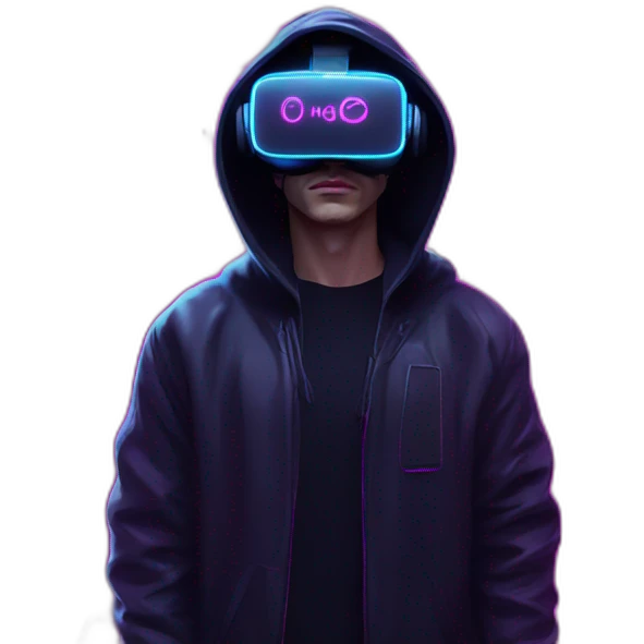 Russian man wearing a black hoodie with "OMG" letters on it and VR headset in a cyberpunk VR environment with violet neon lighting. emoji