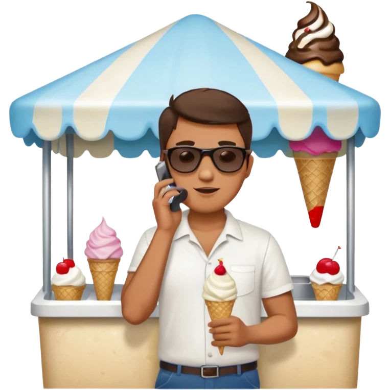 a man standing behind an ice cream stand. he is talking on his phone emoji