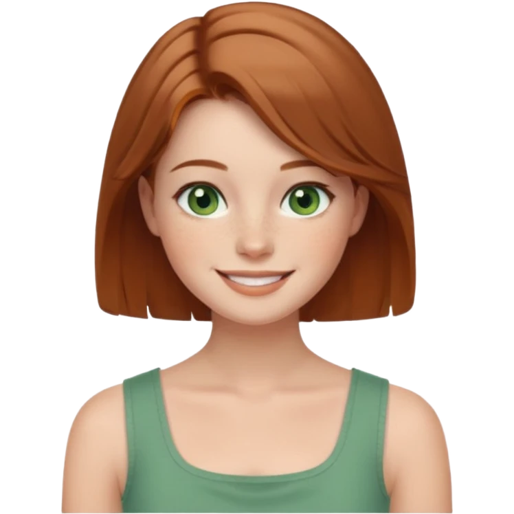 emoji of a woman named Freya McOmish, smiling, green eyes, light brown hair, subtle freckles, modern casual style, wearing a square neck sleeveless top emoji