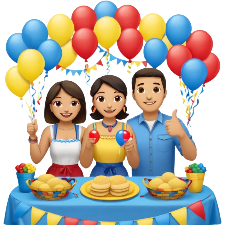 party table decorated with red blue and yellow colors, including a backdrops, balloons arch, streamers and more. On the table are intricate displays of colombian arepas, and baskets of money. In the forefront is a woman and man in simple clothing, big smiles and big thumbs up emoji