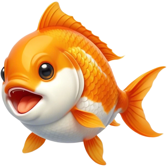 Cinematic Cute Yawning Orange and White Goldfish Portrait Emoji, Head tilted slightly with a dramatic, wide-open yawn, showcasing a smooth body with a balanced blend of orange and white, graceful fins slightly drooping, round golden eyes barely open in drowsy contentment, Simplified yet irresistibly adorable features, highly detailed, glowing with a soft, cozy glow, high shine, relaxed yet expressive, stylized with a touch of whimsy, bright and endearing, soft glowing outline, capturing the essence of a sleepy yet affectionate goldfish, so drowsy it feels like it could float out of the screen and curl up for a nap! emoji
