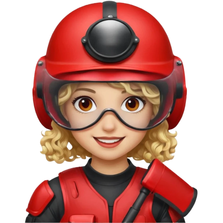 blond curly girl playing paintball with red paintball helmet with eye protection, only face emoji