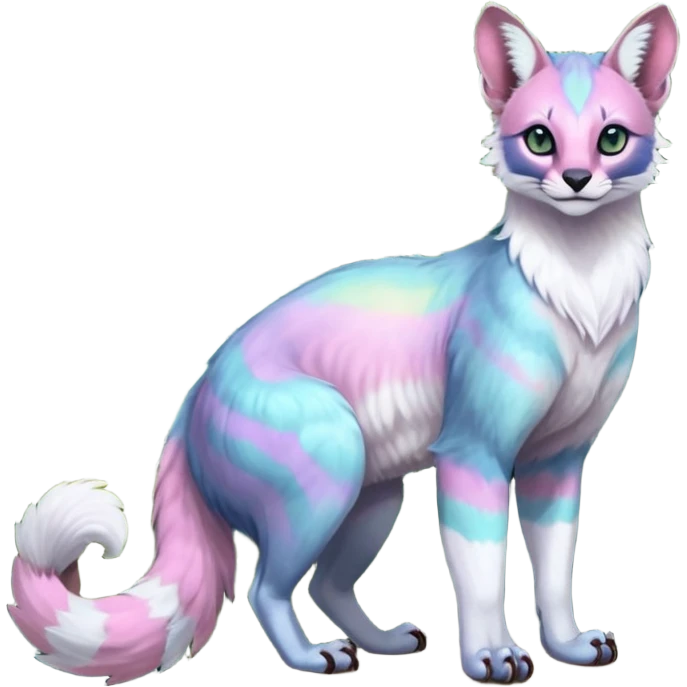 Colorful dark tropical pale light fruity pastel white glorious iridescent divine exotic cute cool beautiful beautiful fantasy-caracal-civet-genet-sergal-vernid-Gryphon-Cacomistle-Trico-oncilla-animal-Fakémon-hybrid-fursona (full body) emoji
