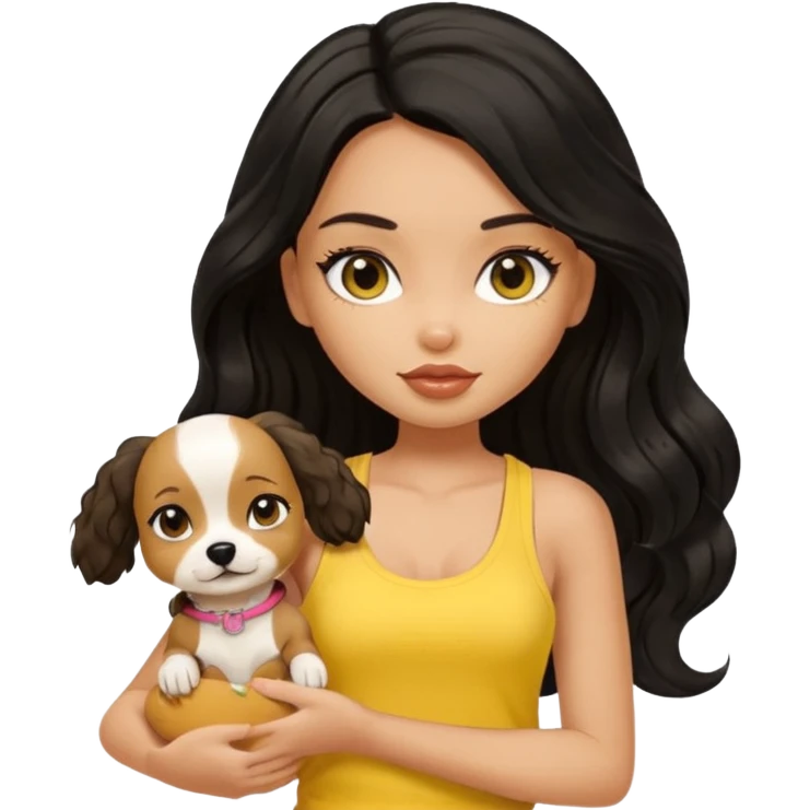 tan pretty bratz girl with long wavy black hair, wearing a yellow tank top with a dog emoji