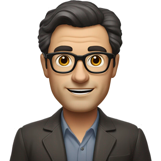 harry joseph sonneborn McDonald's founder Man, short dark hair , high forehead, thick dark eyebrows, large square glasses with thick franose is straight and of medium size,  thin lips, calm smile,wrinkles, cheeks slightly hollow, well-defined jawline emoji