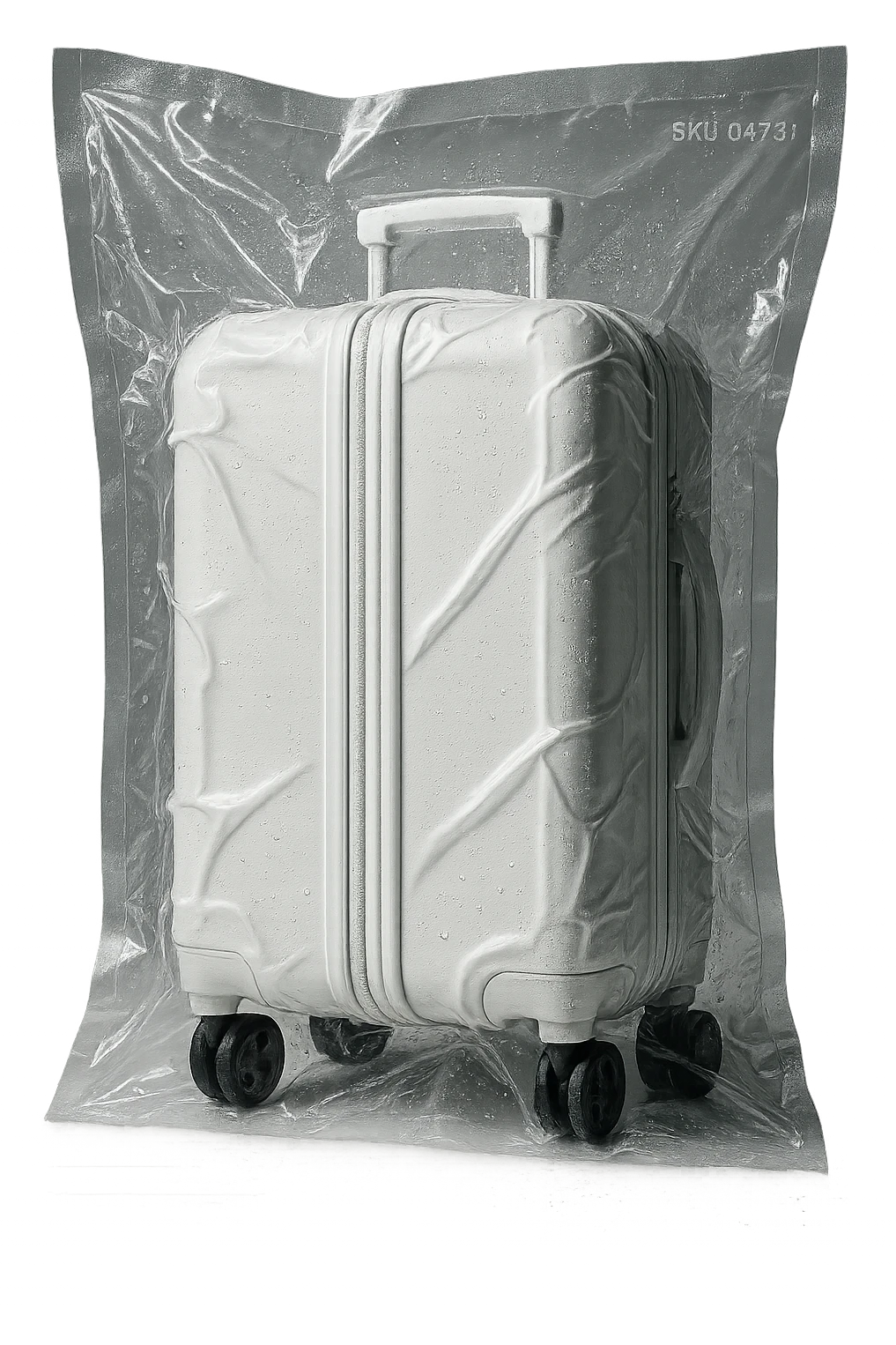 white suitcase on wheels, vacuum sealed style, side view, soft shadows and highlights, pure white color, transparent background, no decoration emoji