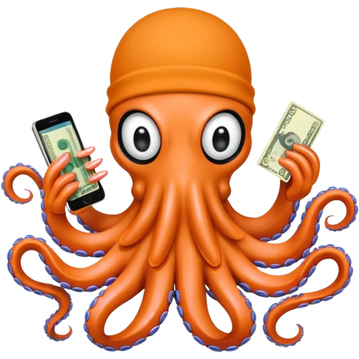 Intimidating octopus with pearl black skin, neon peach colored suction cups. Violent looking octopus is wearing a white balaclava and thick shiny gold necklace. 2 tentacles are holding their own cellphone, 2 more tentacles are holding stacks of money. emoji