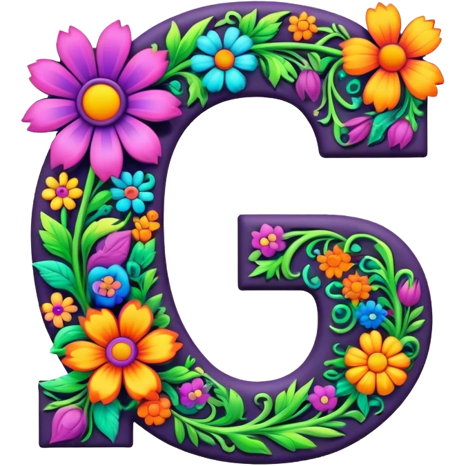 3D, gothic style psychedelic colored Letter “G” with hippie style flower border emoji