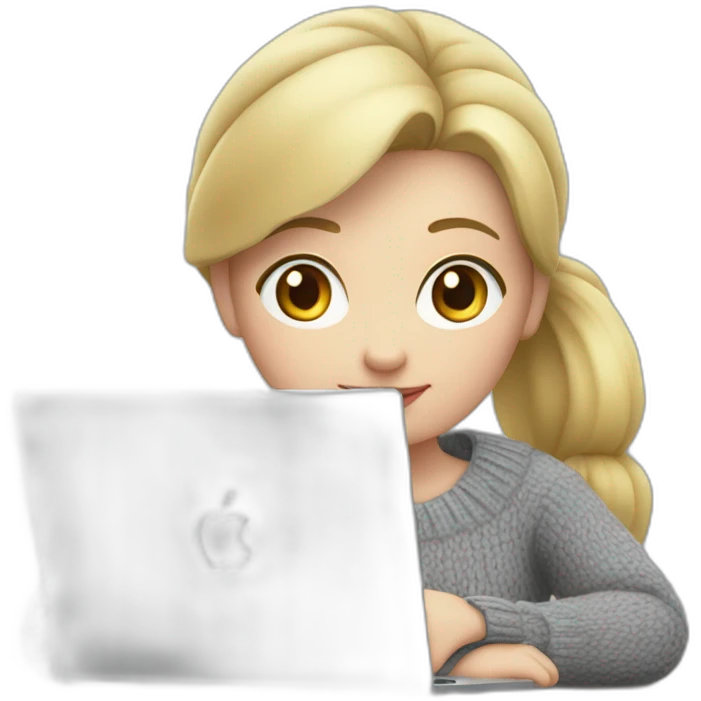 Woman with pale skin, short blonde ponytail and gray sweater sitting at table with Apple laptop emoji