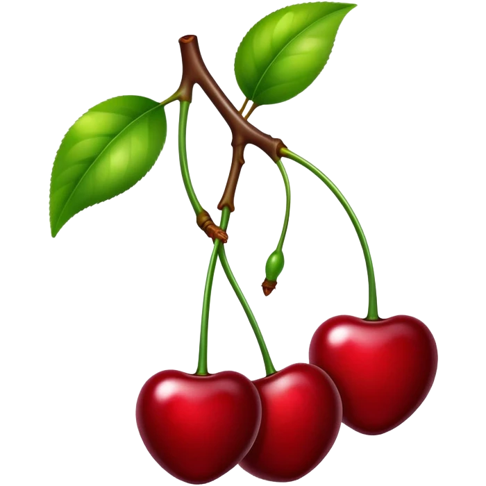 Pair of vibrant deep red cherries with green stem, fruit emoji