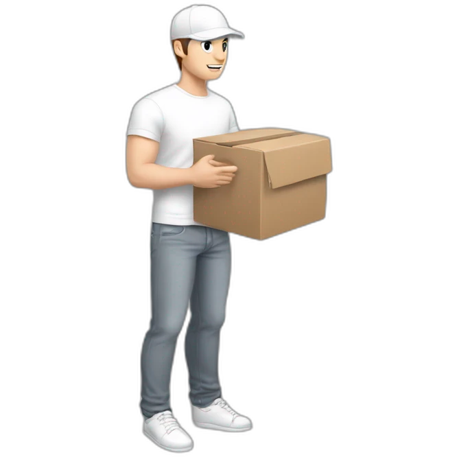 Pale skinned fit Man with dark brown hair in a white cap, gray jeans and gray polo T-shirt keeping a pasted box into his hands emoji