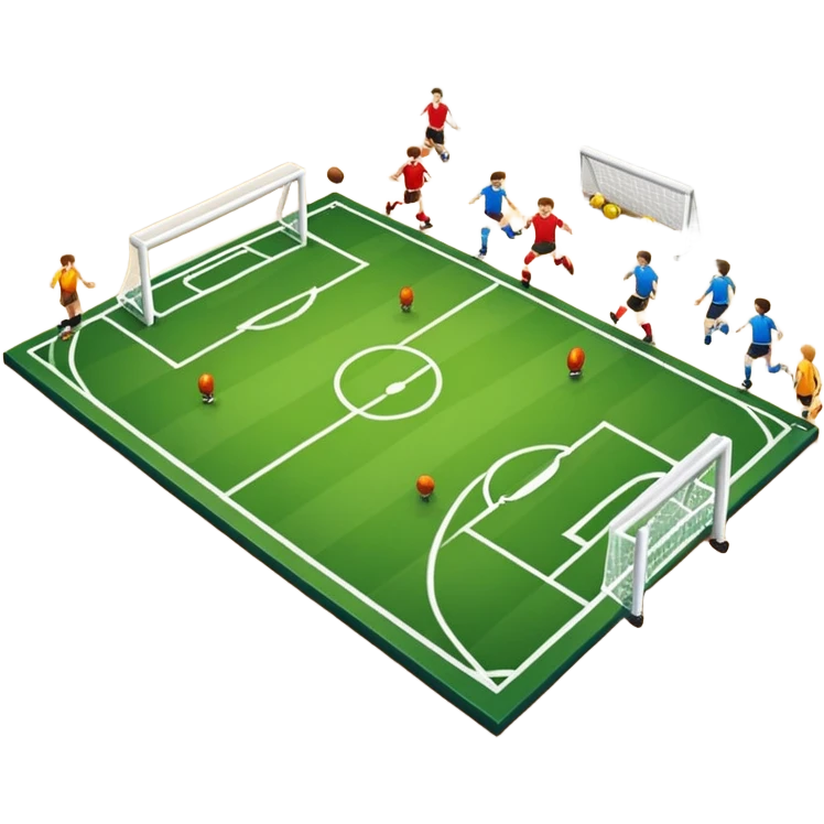 A mini-football match in an indoor sports hall with wooden flooring and clear field markings. The scene shows a vibrant game in action, with players positioned on the court, the goalposts visible, and the atmosphere filled with energy and focus. emoji