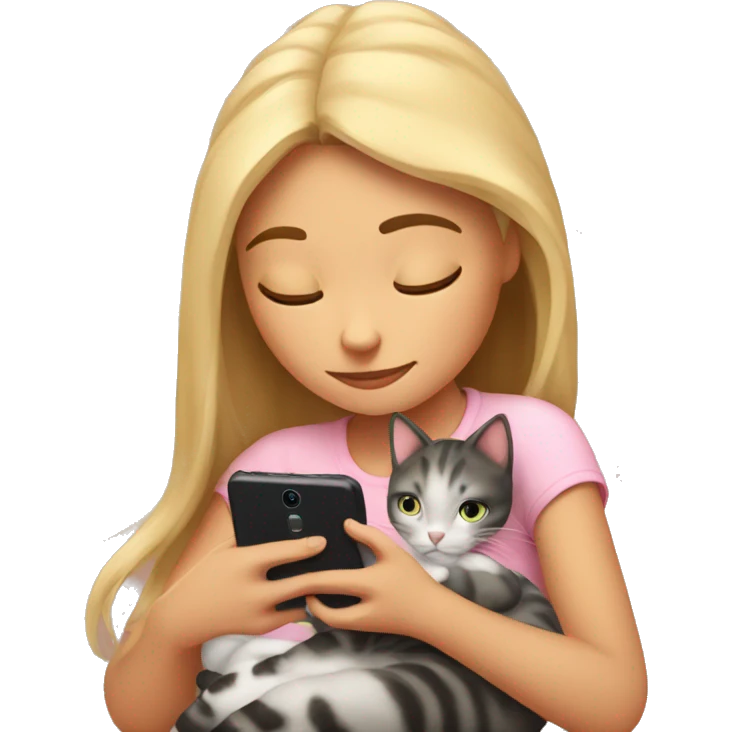 Girl snuggling with cat both looking at cell phone  emoji