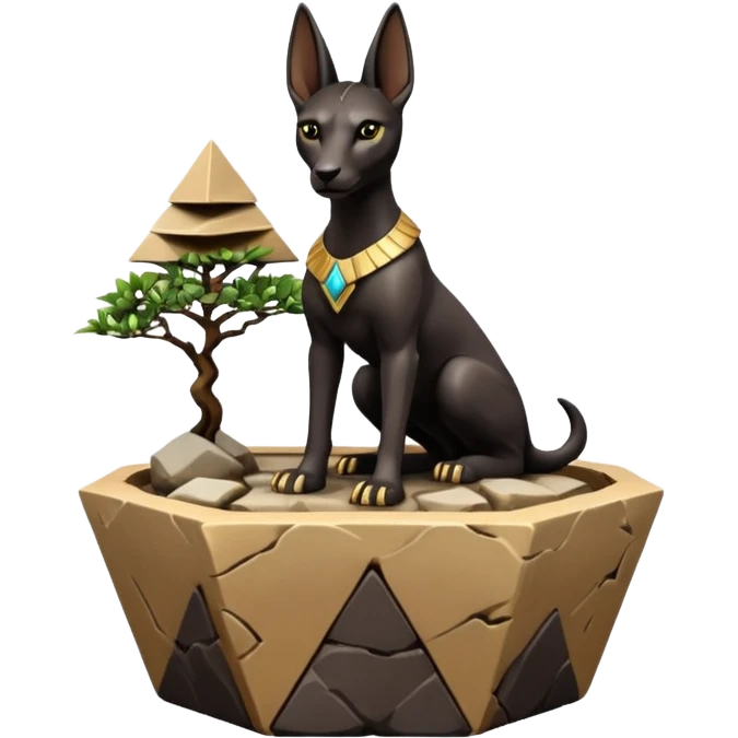  Therapeutic silky black-haired tiny statuette young miniature Anubis pyramid scene stone-age cracked irregular dodecagon bonsai pot  emoji