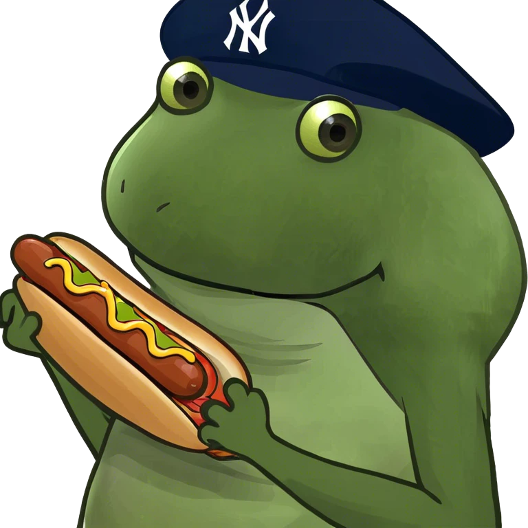 wearing a yankees hat, holding a hotdog emoji