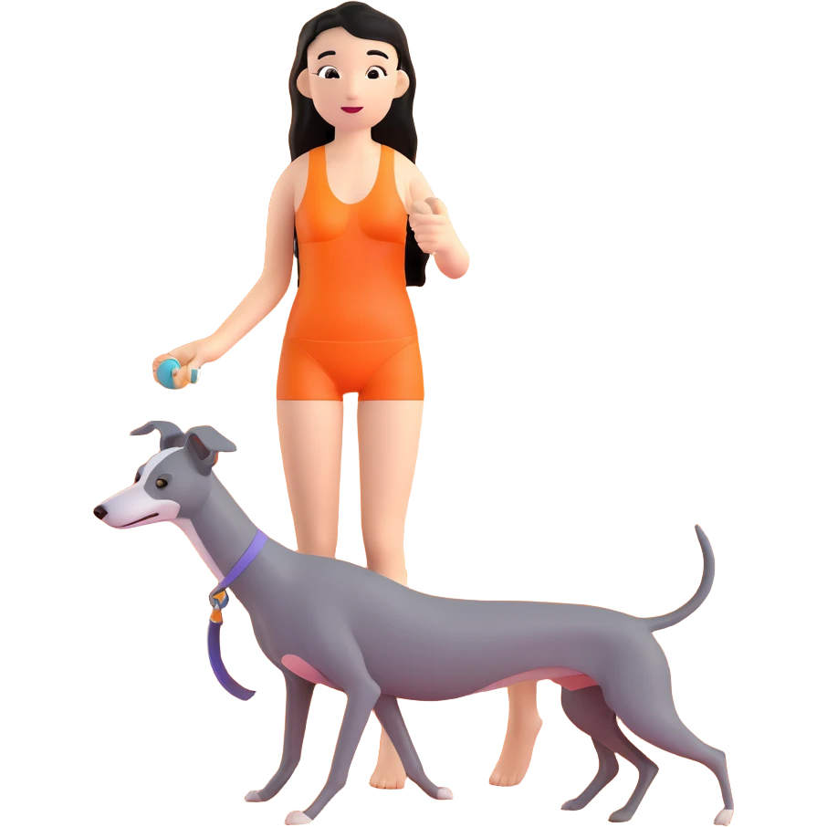 Slim Chinese woman with long black hair in appropriate beach attire at the beach with her completely solid grey Italian greyhound, ocean and sand visible, the dog has absolutely no white markings anywhere emoji