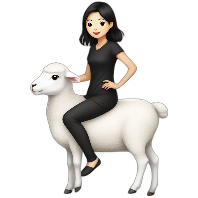 Asian girl with shirt black hair, black dress, riding on a lamb emoji
