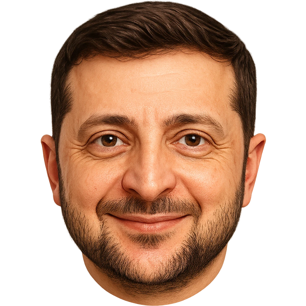 Vladimir Zelensky as an emoji with a round face, close likeness to his real face, detailed hair, beard, and eyes, friendly smile, high quality emoji