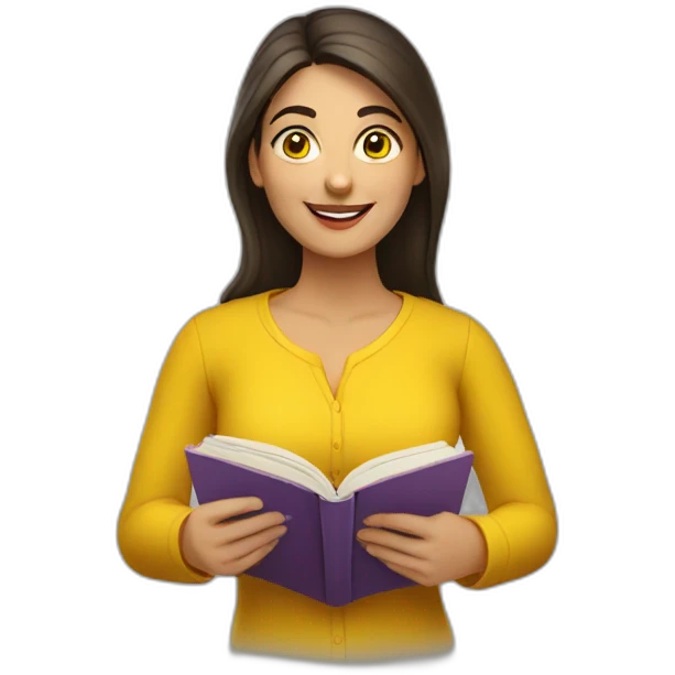 Armenian women with the yellow clothes reading book and looking at camera and smiling  emoji