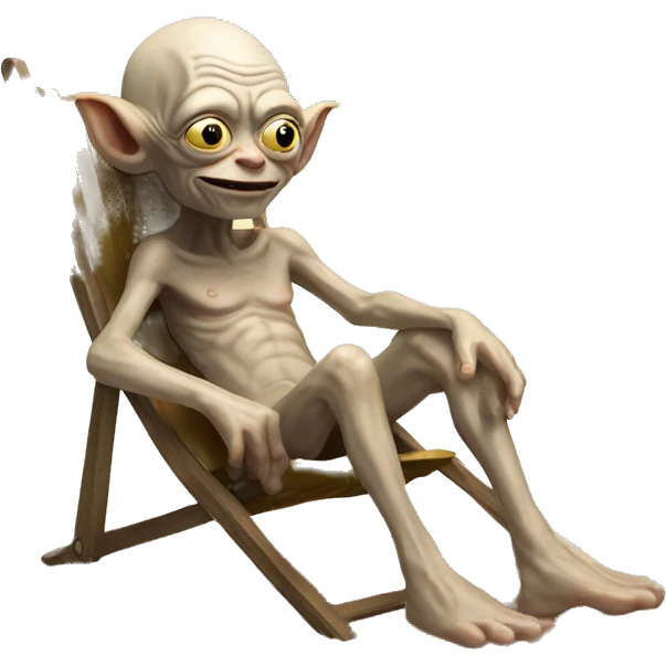 Gollum sitting on a sun chair in the sand emoji