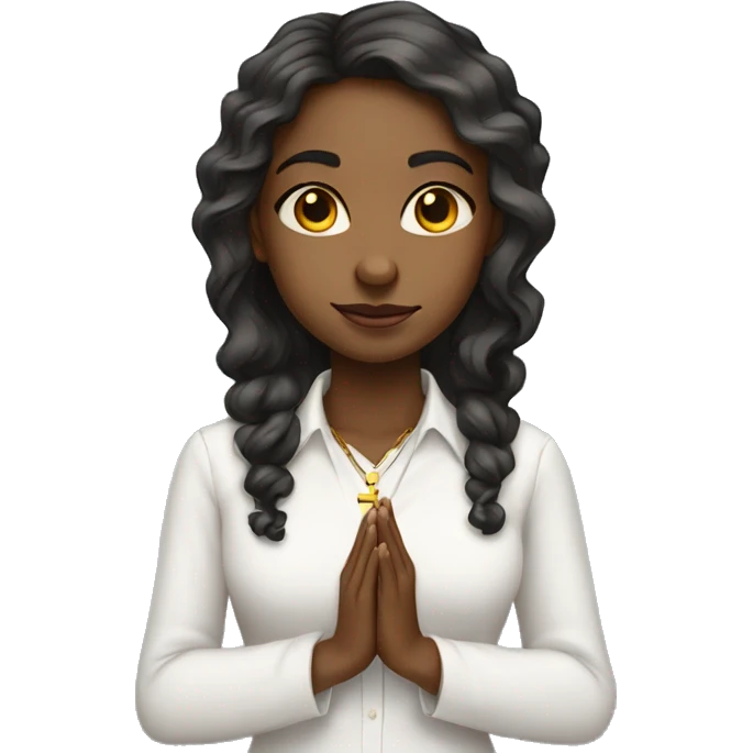 Young Black woman wavy hair praying with cross necklace in hands white collar shirt emoji