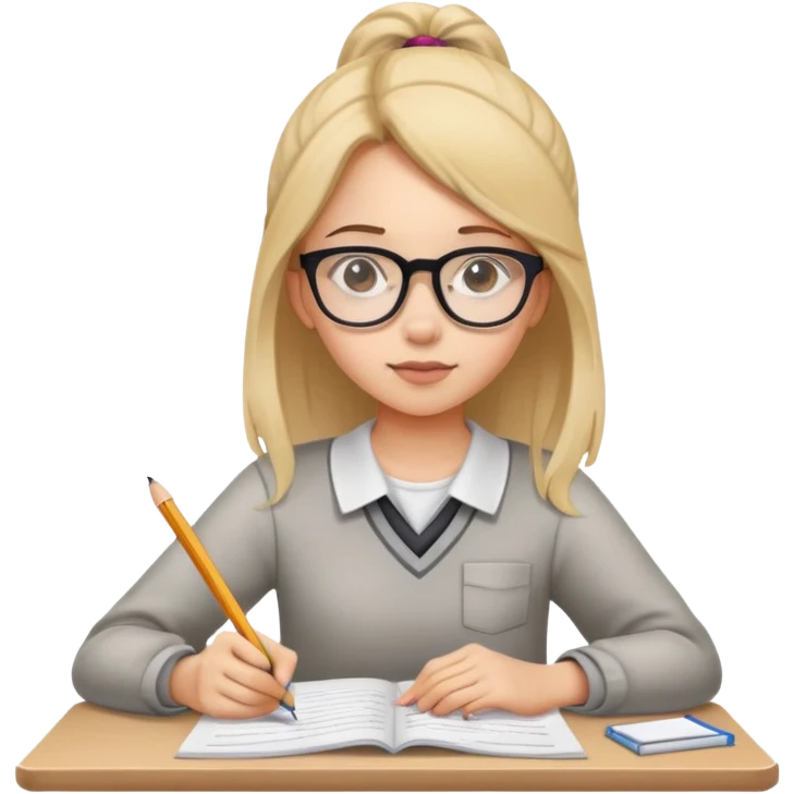 Girl student with glasses focused on exam papers, writing with pencil emoji