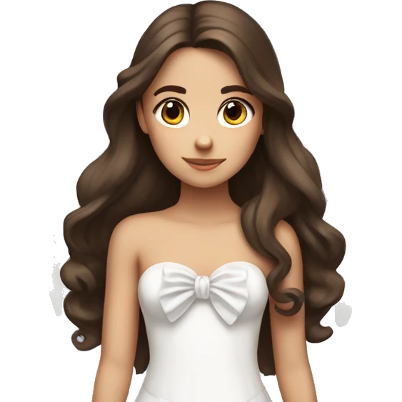 Brunette girl with long brown hair and brown eyes, with large angel wings and a white bow in a strapless dress emoji