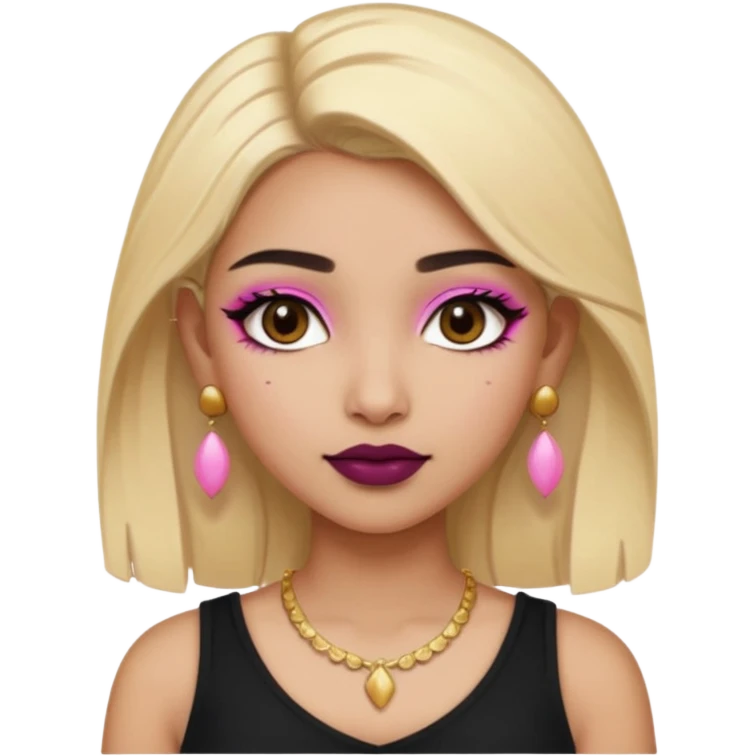 Sweet Indian girl blonde hair darkbrow eyes brown lipstick, pink blush, black top gold earrings, brown eyebrows gold eyeshadow  emoji