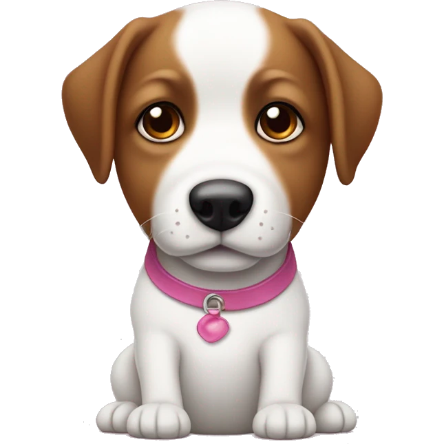 perro blanco con una mancha marrón en el ojo derecho y la oreja izquierda marrón con un lazo rosa bebé  emoji