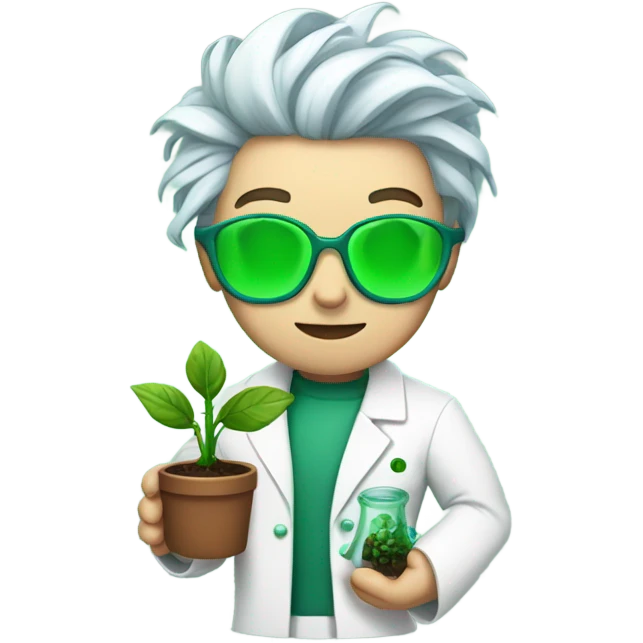cyborg scientist wearing a lab coat and holding a small plant, woman with green hair, undercut hair cut emoji