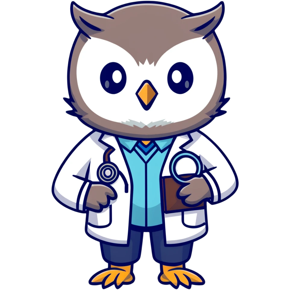 Twilio owl wearing doctor outfit with stethoscope and white coat emoji